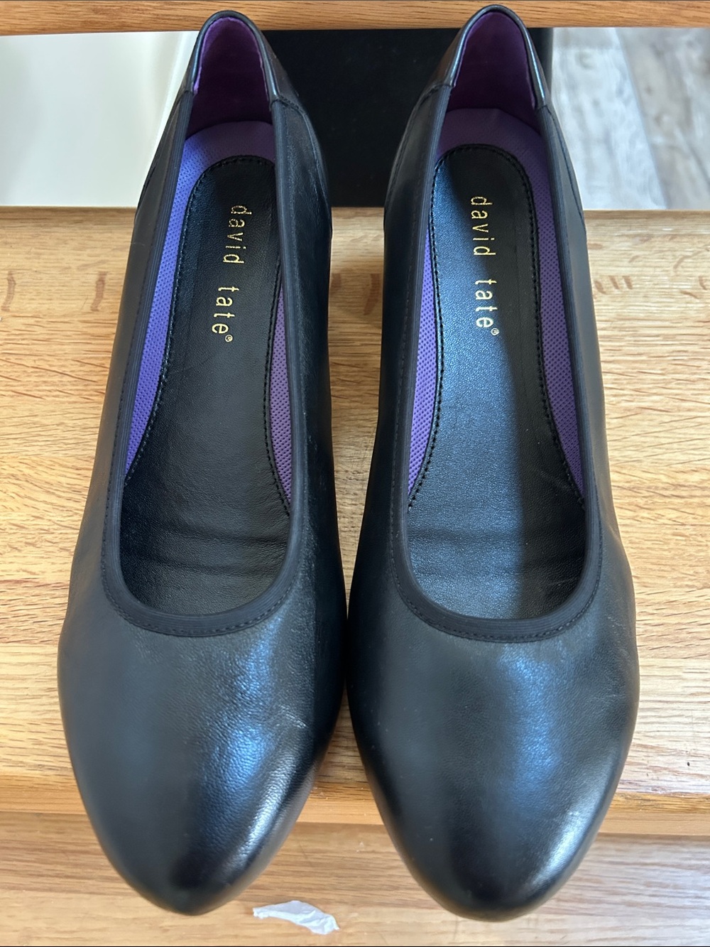 David Tate Black Leather Flats with Purple Insole
